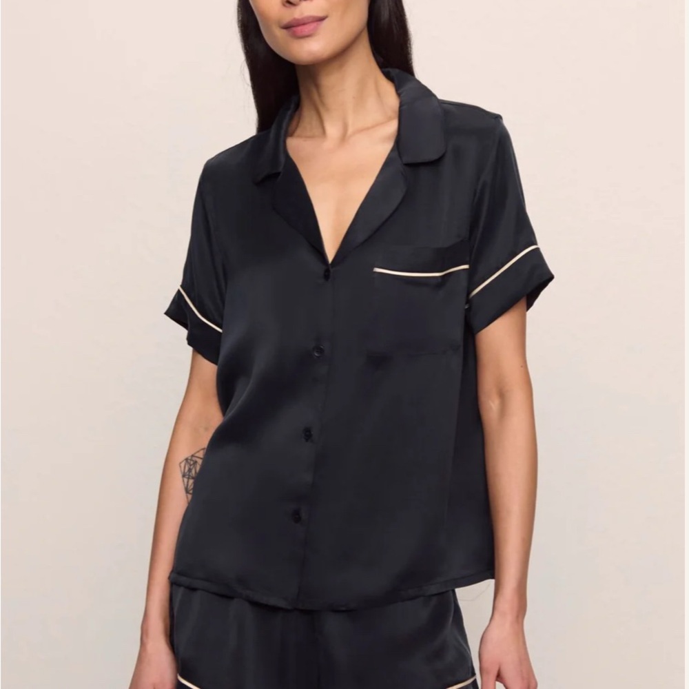 Eberjey Black Silk Pajama Set with Cream Accents